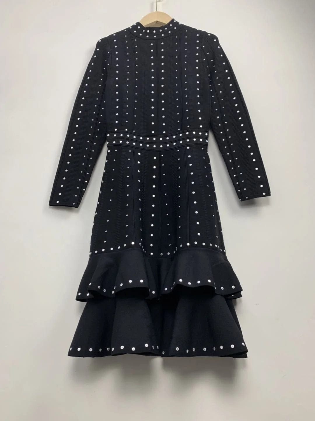 OUDINA Stylish High End Handmade Black Beaded Sequins Ruffled Waist Knitted Dress Women's Elegant Party Women Clothing Dresses