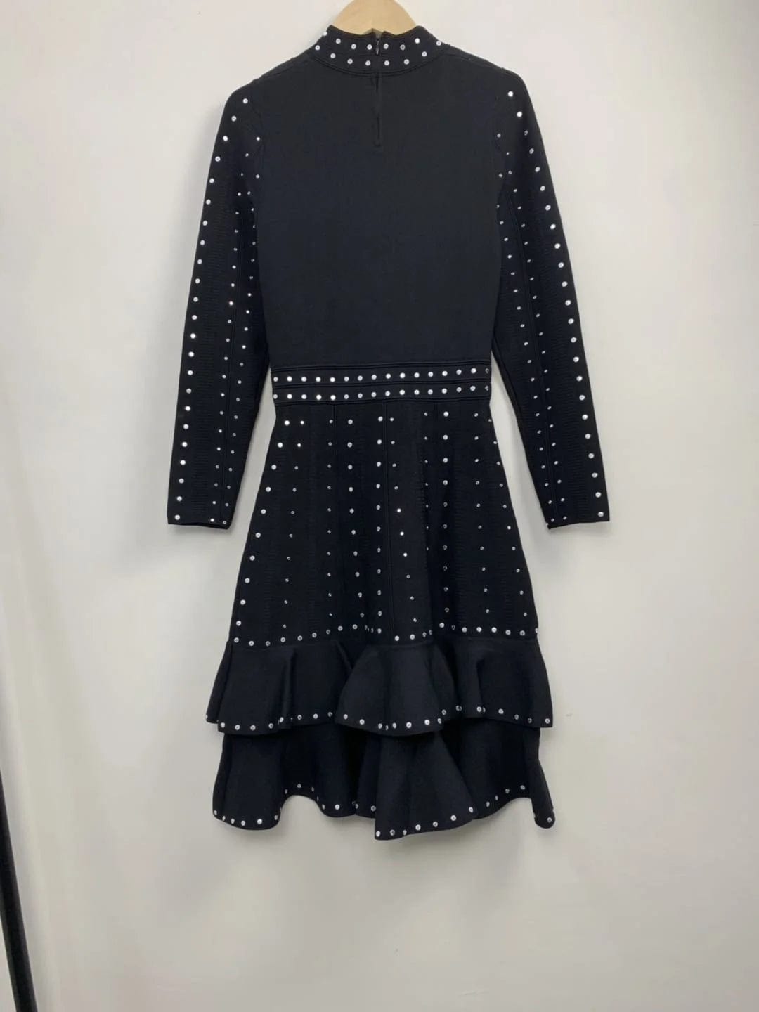 OUDINA Stylish High End Handmade Black Beaded Sequins Ruffled Waist Knitted Dress Women's Elegant Party Women Clothing Dresses