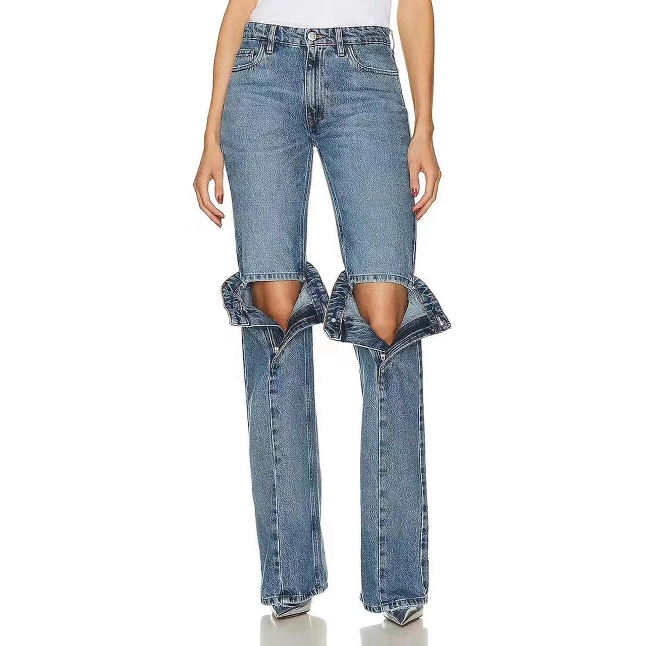 OUDINA Trendy 2024 New Ladies Jeans Trousers Hollow Out Deconstructio Elastic Straight Pants