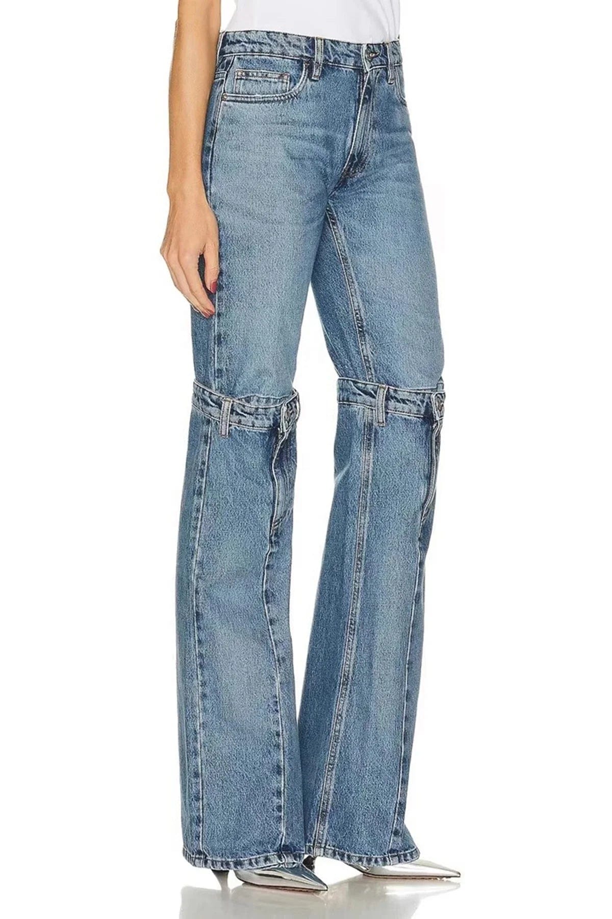 OUDINA Trendy 2024 New Ladies Jeans Trousers Hollow Out Deconstructio Elastic Straight Pants