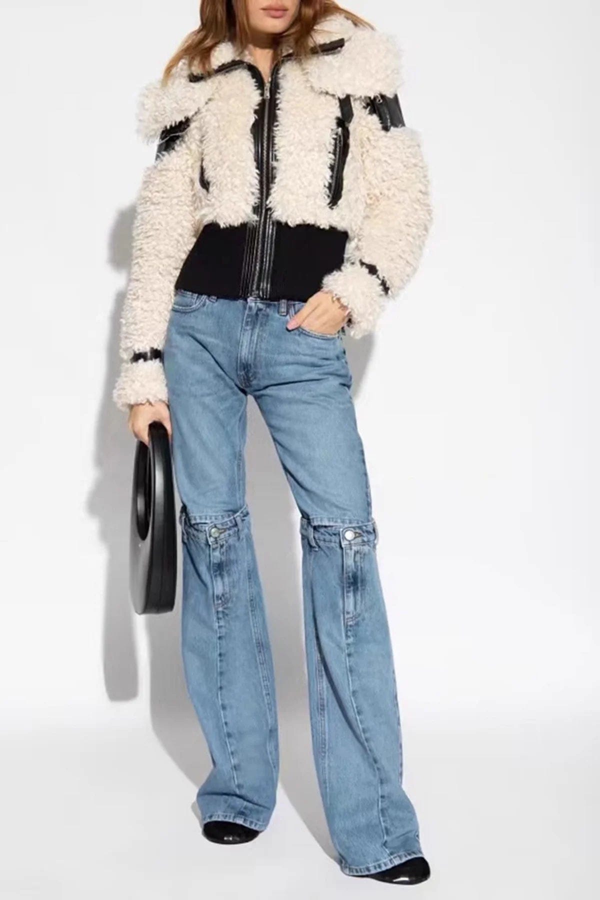 OUDINA Trendy 2024 New Ladies Jeans Trousers Hollow Out Deconstructio Elastic Straight Pants