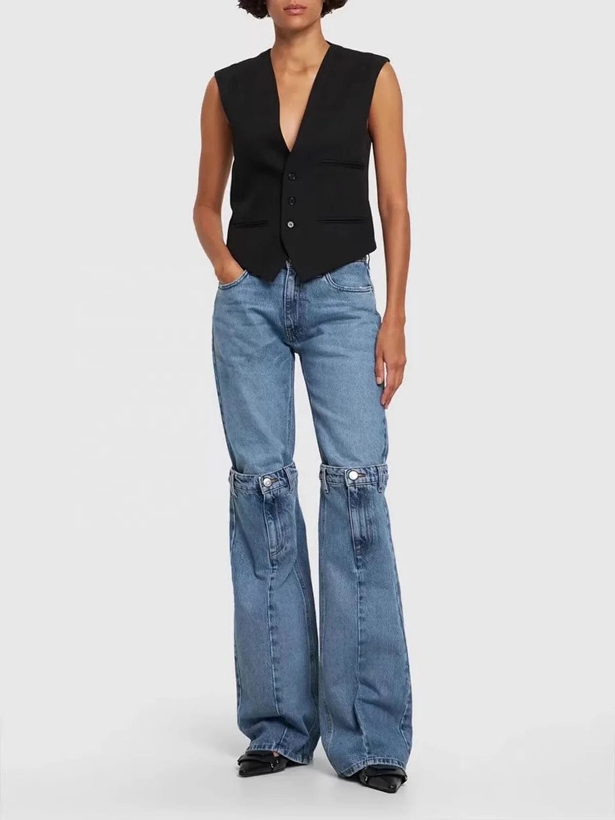 OUDINA Trendy 2024 New Ladies Jeans Trousers Hollow Out Deconstructio Elastic Straight Pants