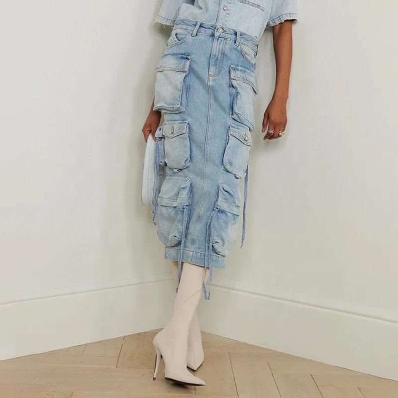 OUDINA Vintage Washed Cargo Skirt With Pockets 2024 Spring New Style High-waisted Long Denim Ladies Skirts