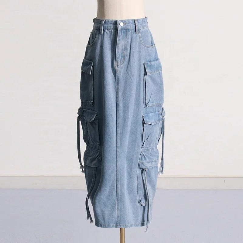 OUDINA Vintage Washed Cargo Skirt With Pockets 2024 Spring New Style High-waisted Long Denim Ladies Skirts