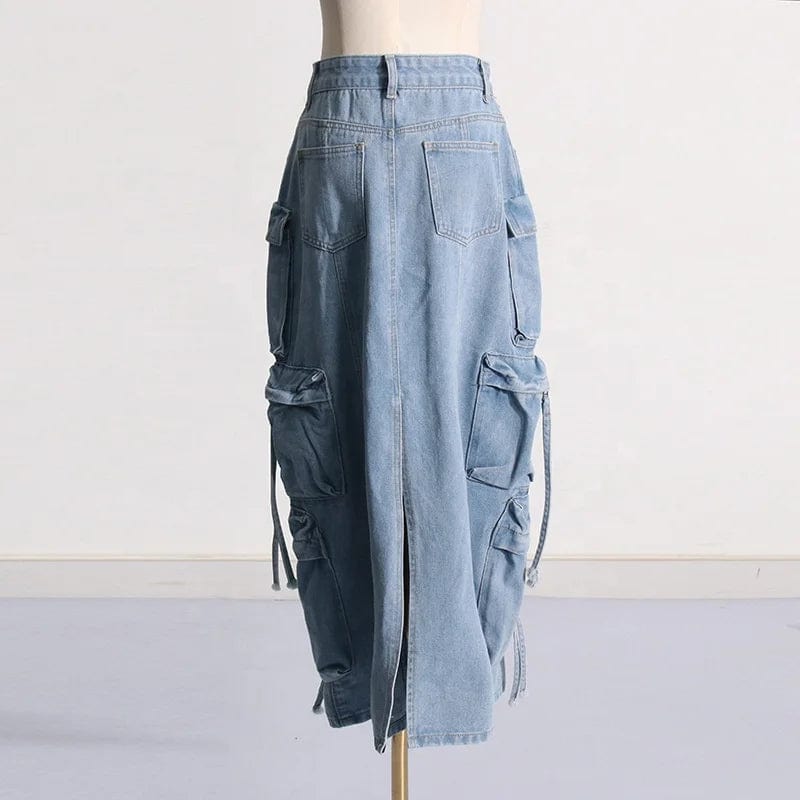 OUDINA Vintage Washed Cargo Skirt With Pockets 2024 Spring New Style High-waisted Long Denim Ladies Skirts