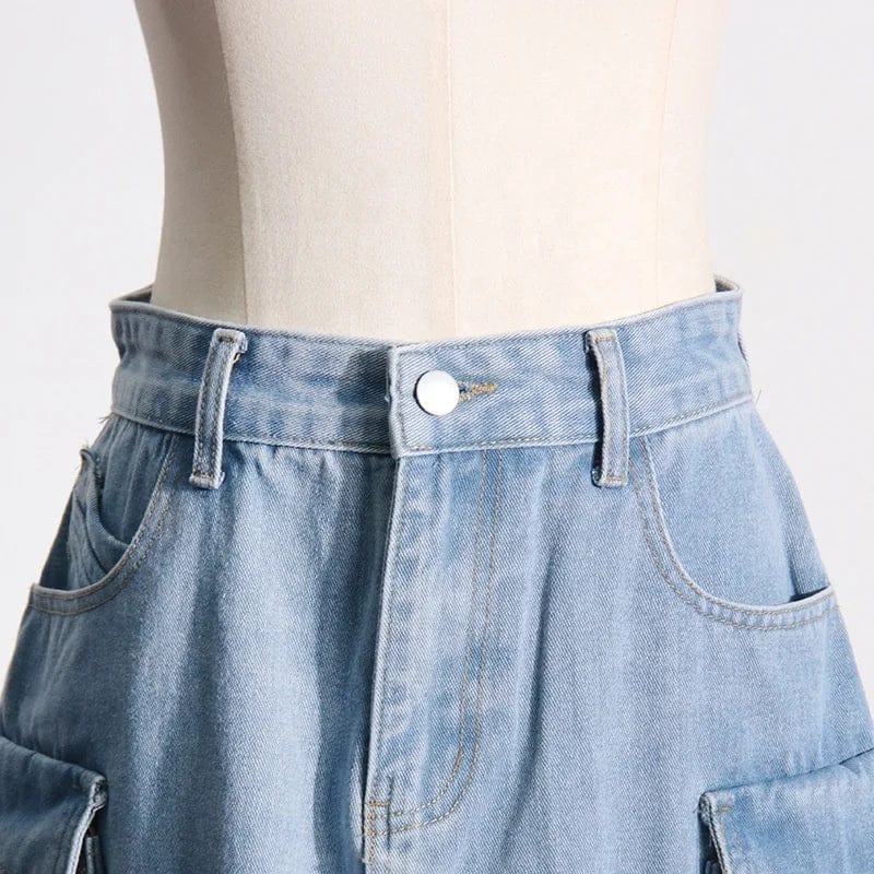 OUDINA Vintage Washed Cargo Skirt With Pockets 2024 Spring New Style High-waisted Long Denim Ladies Skirts