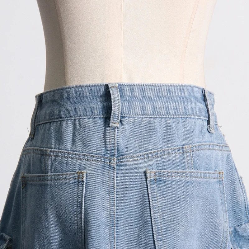 OUDINA Vintage Washed Cargo Skirt With Pockets 2024 Spring New Style High-waisted Long Denim Ladies Skirts