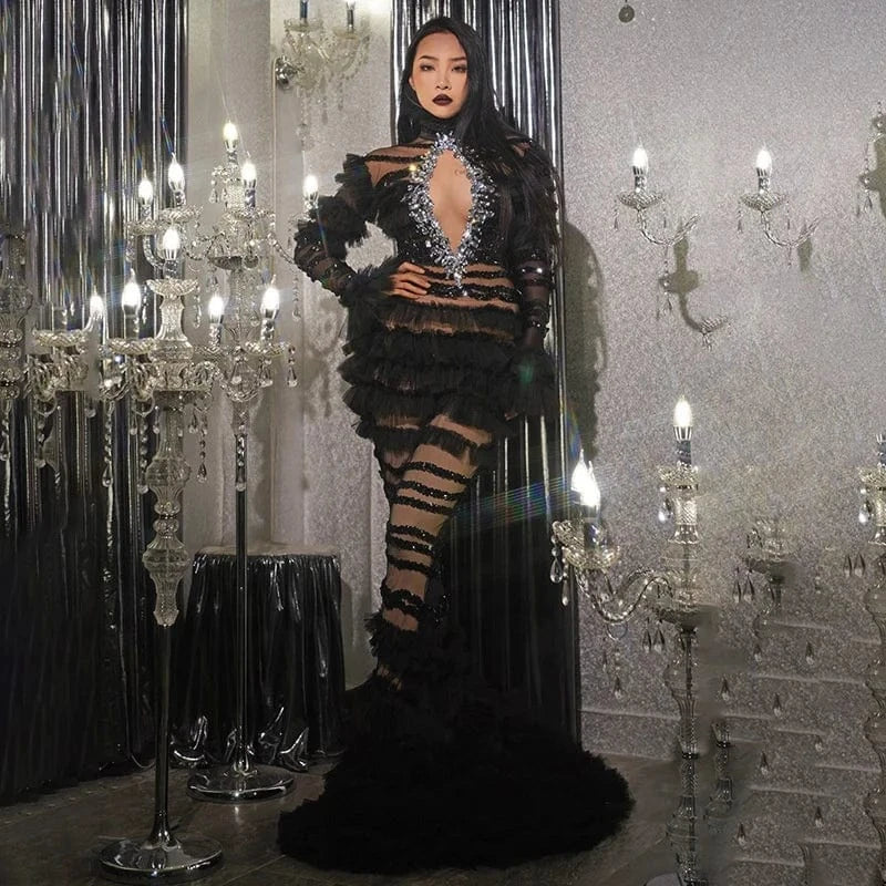 OUDINA Women's Clothing Diamond Rhinestones Black Ruffled Mesh Floor-length Maxi Dress Gowns Elegant Evening Dresses Women
