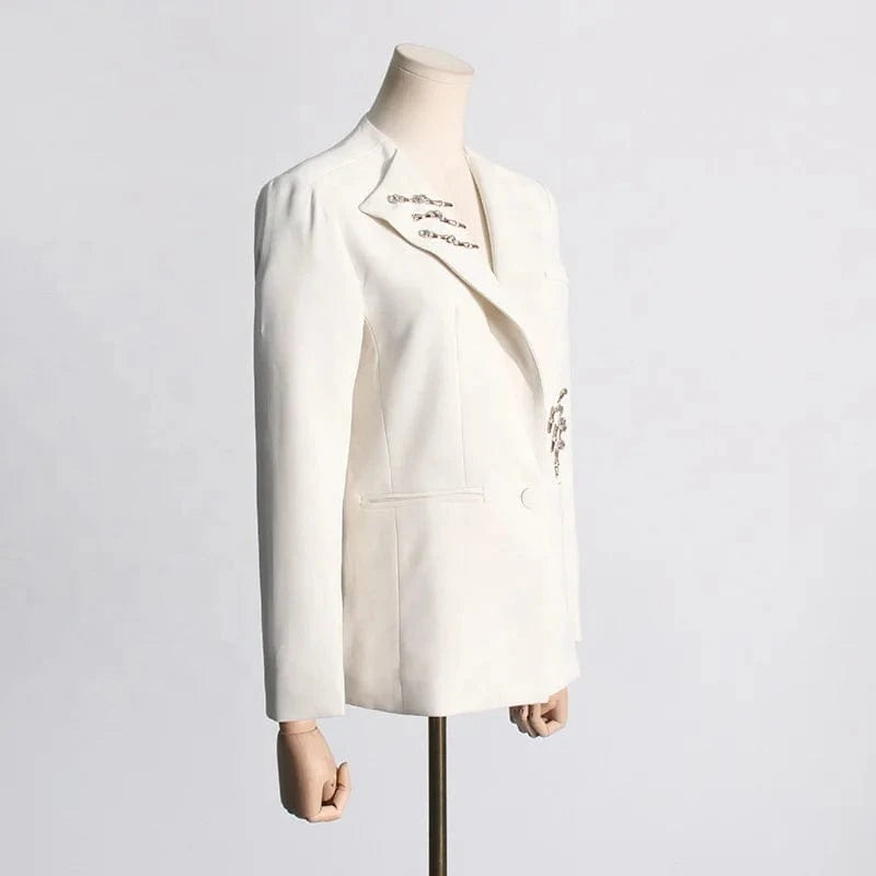 OUDINA Women's Spring Elegant Blazers 2024 New Korean Style Niche Rhinestone Hollow Design Temperament Blazer Woman