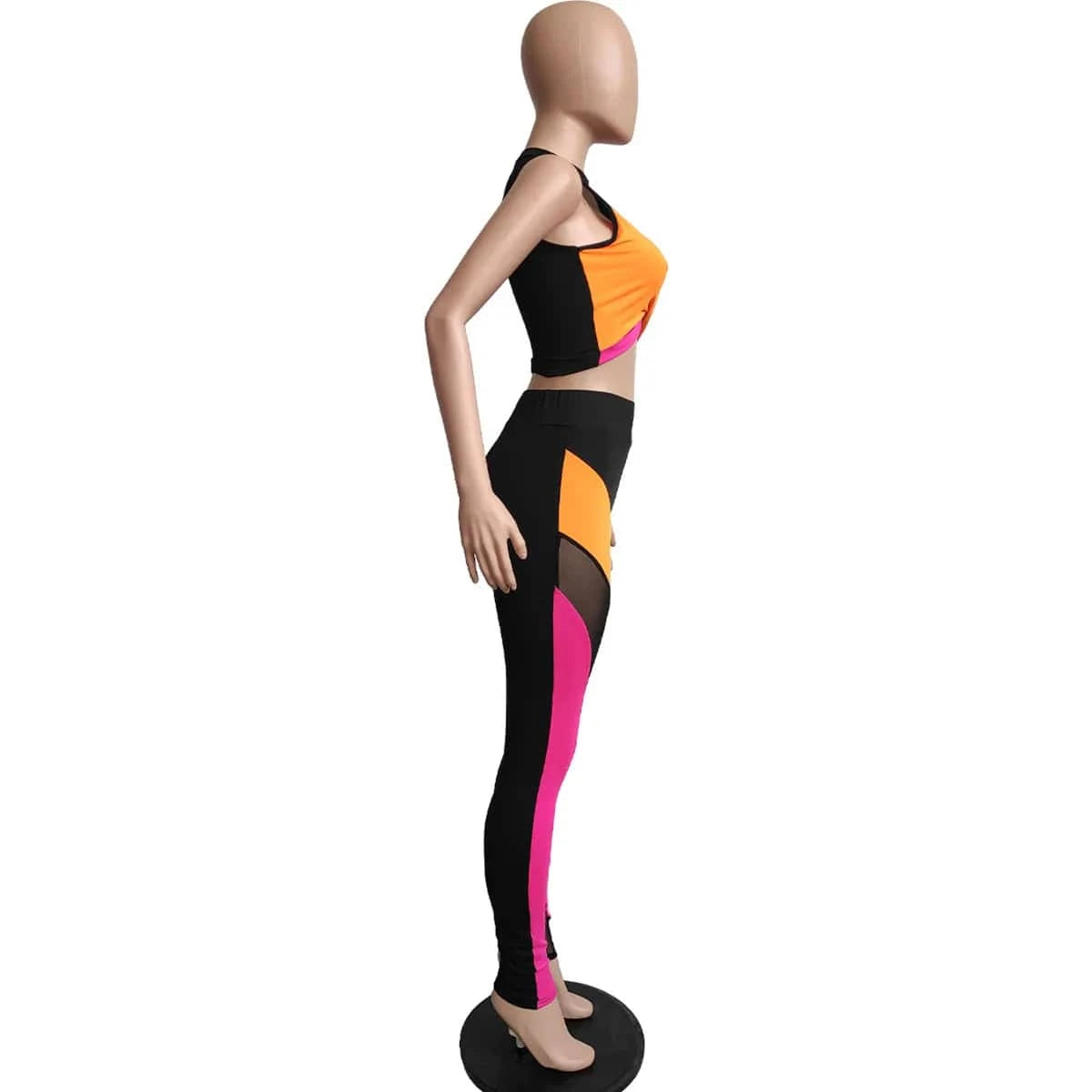 Outsunny Arrivals Folding Set with Patchwork Contrast Color Crop Tops and High Waist Leggings Sexy 2 Piece Mesh Outfit Casual
