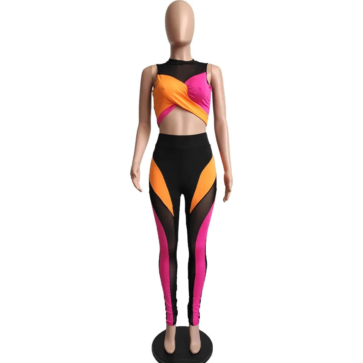 Outsunny Arrivals Folding Set with Patchwork Contrast Color Crop Tops and High Waist Leggings Sexy 2 Piece Mesh Outfit Casual