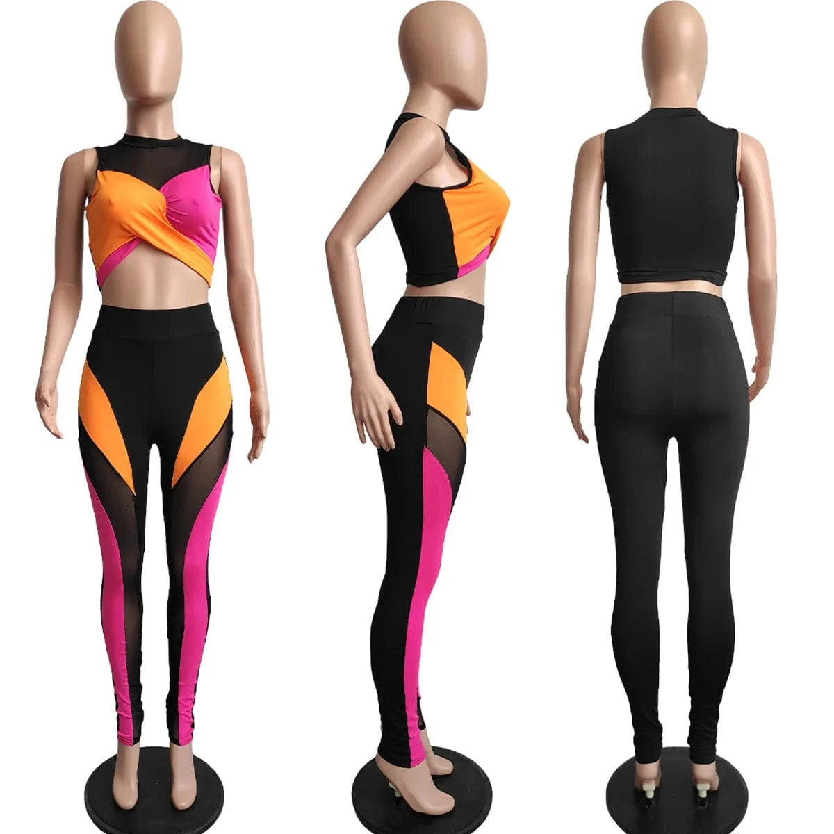 Outsunny Arrivals Folding Set with Patchwork Contrast Color Crop Tops and High Waist Leggings Sexy 2 Piece Mesh Outfit Casual