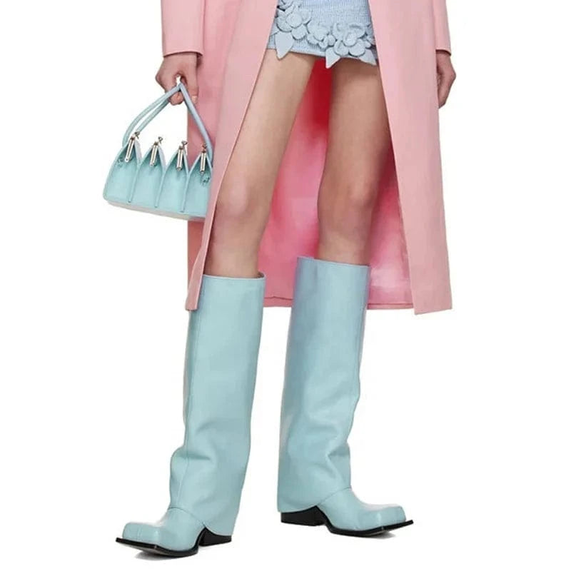 Overlay Wide Leg Fit Shoes Women's Classic Chunky Heels Knee High Boots Square Toe Slip on Long Booties Women Pants Booty