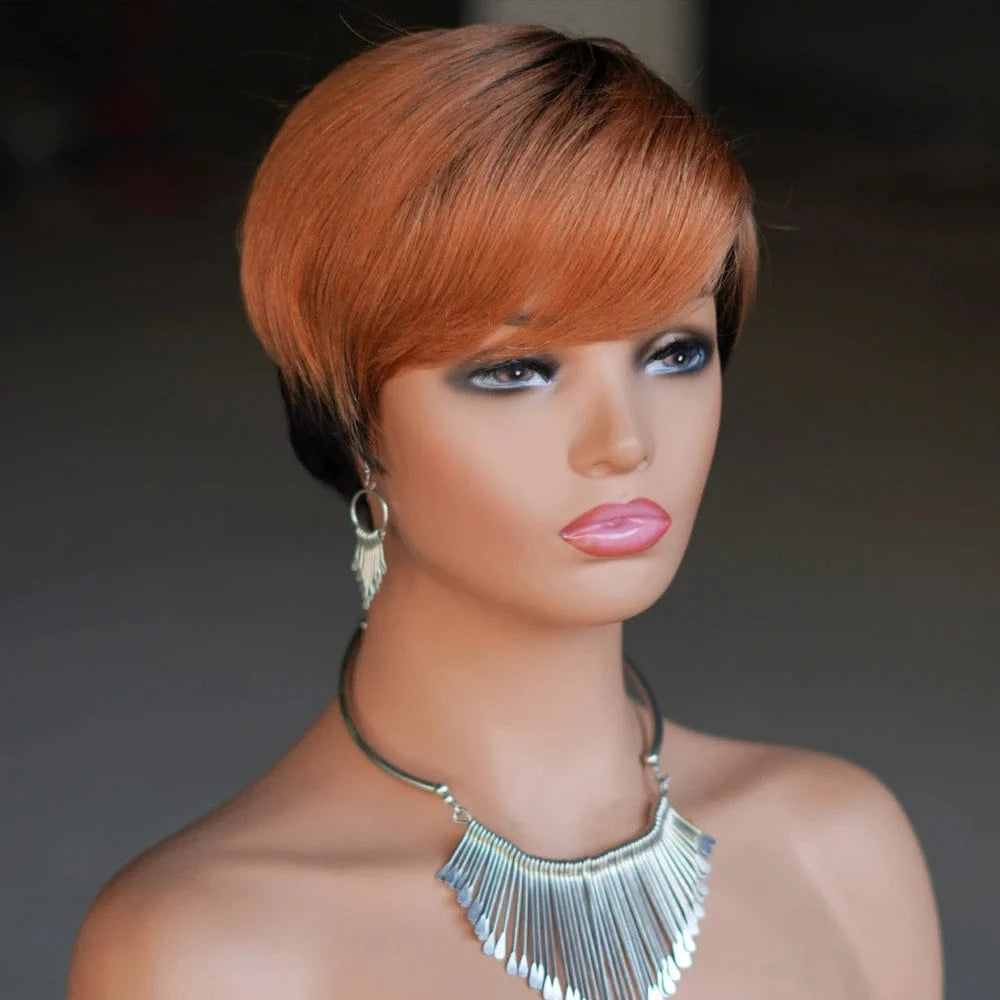 P1B/30 / None Lace / 6 Inches Cheap Glueless Machine Made Natural Color Wigs Human Hair, Short Pixie Cut Human Hair Wigs, Short Bob Wigs for Black Womens