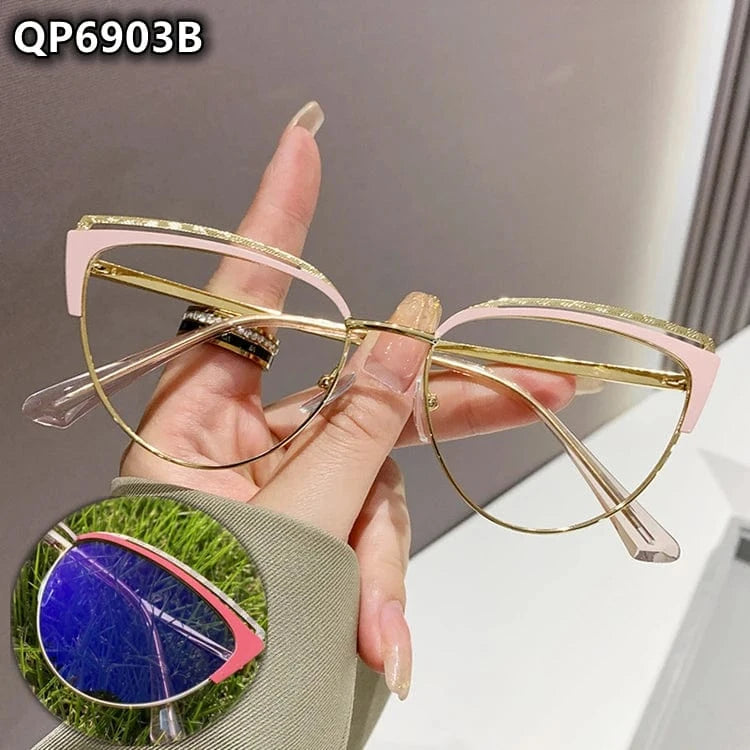 P6 / Cat Eye anti blue light photochromic white gold metal diamond 2024 photogray anti reflection bezel computer women frames for eye glasses