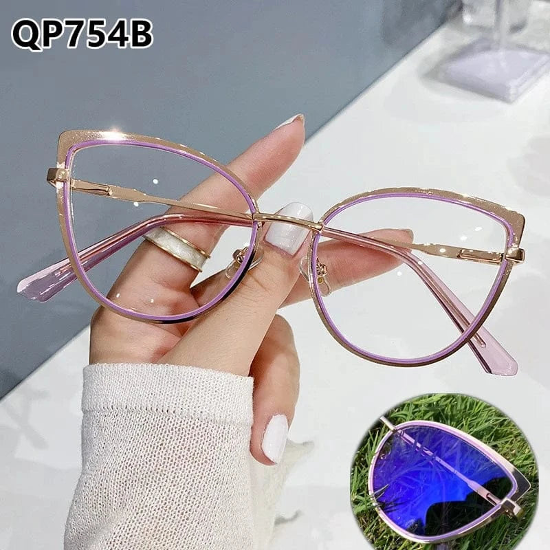 P7 / Cat Eye anti blue light photochromic white gold metal diamond 2024 photogray anti reflection bezel computer women frames for eye glasses