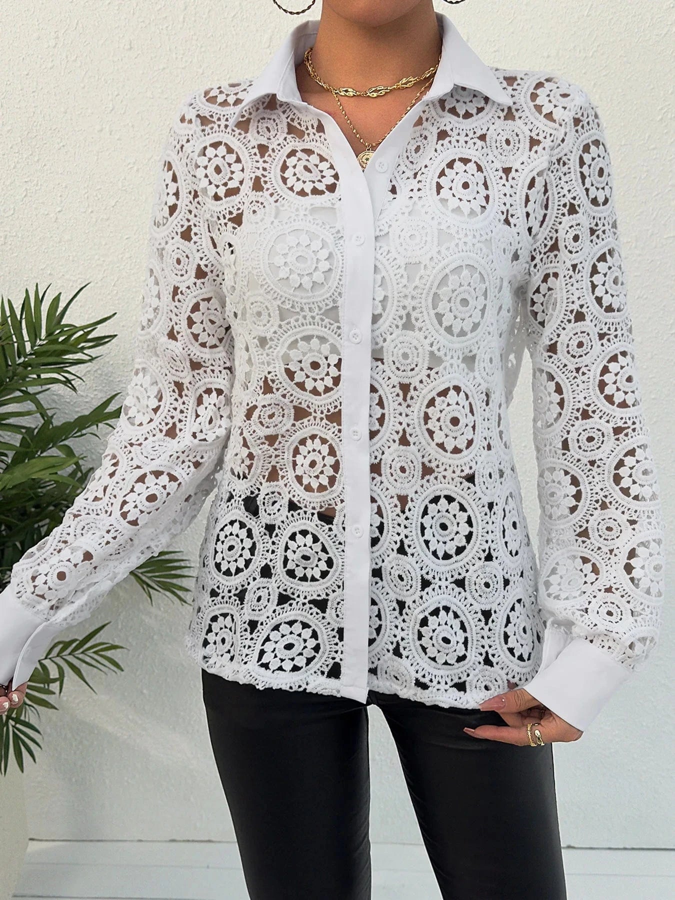 Paisley Lace Button Front Blouse, Hollow Out Long Sleeve Blouse For Spring & Summer, Women's Clothing