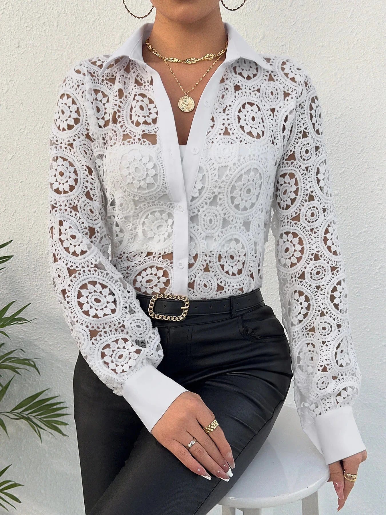 Paisley Lace Button Front Blouse, Hollow Out Long Sleeve Blouse For Spring & Summer, Women's Clothing