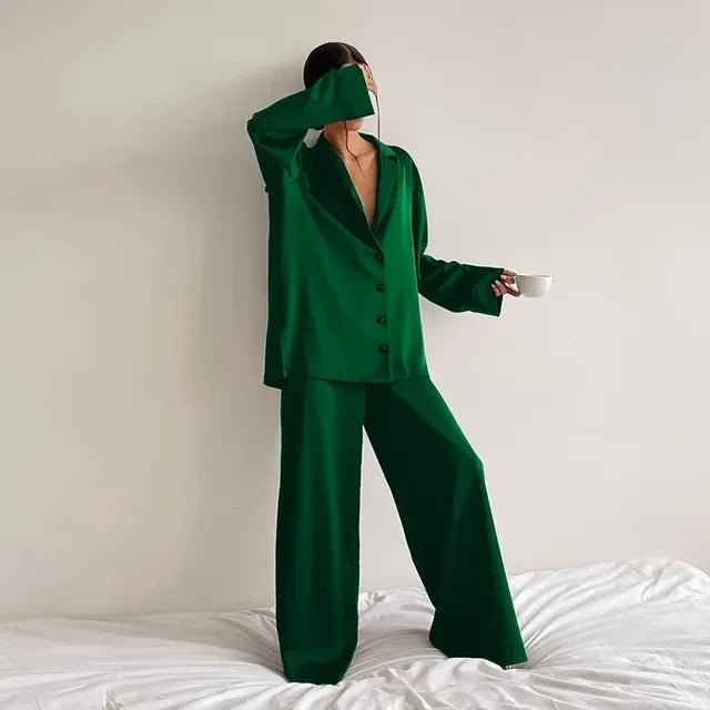 Pajama Set Satin Look Two Piece Long Sleeve Full Length Casual Homewear For Women - SN Wigs & More