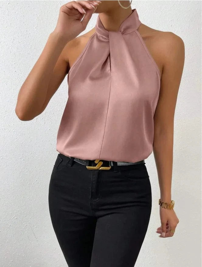 Pale pinkish pink / M Women's Tops 2025 Summer New European and American Clothes Satin Halter Sleeveless Vest Sexy Commuting Satin Simulated Silk Top
