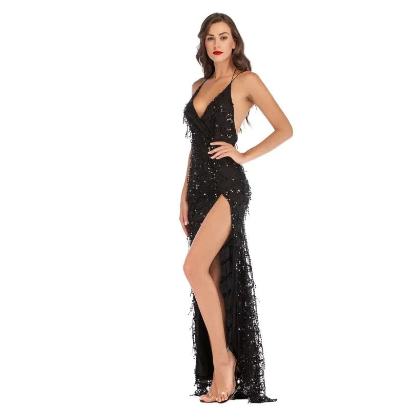 Party Club Elegant Dress Women Vestidos De Festa Sexy Dresses Black Gold Sequined Long Evening Maxi Dress Y10377