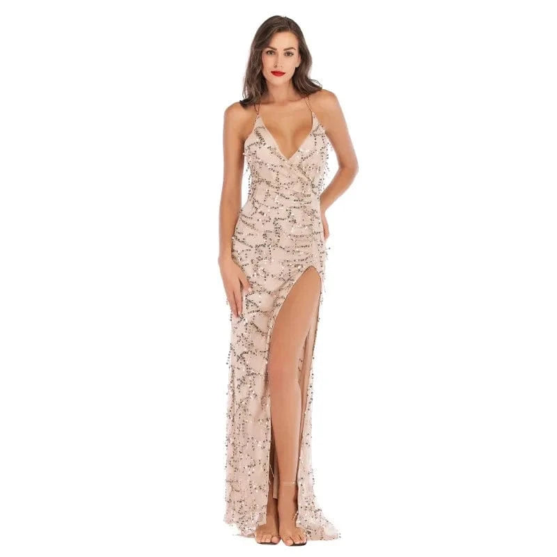 Party Club Elegant Dress Women Vestidos De Festa Sexy Dresses Black Gold Sequined Long Evening Maxi Dress Y10377