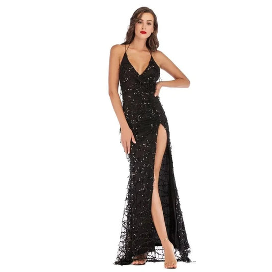 Party Club Elegant Dress Women Vestidos De Festa Sexy Dresses Black Gold Sequined Long Evening Maxi Dress Y10377