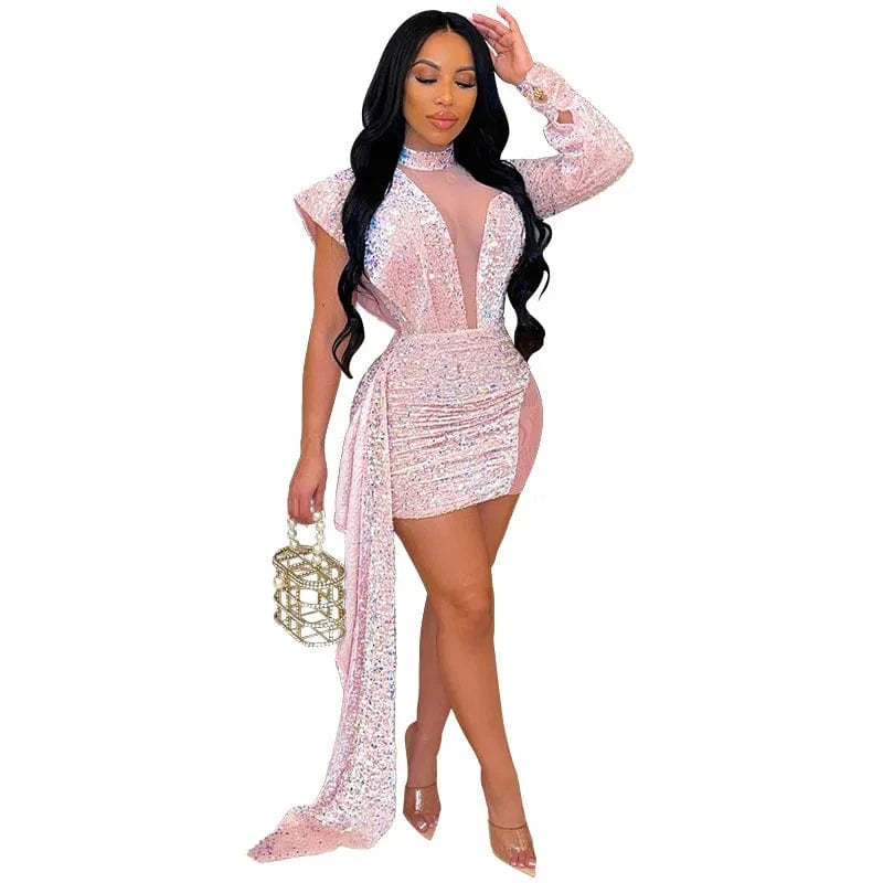 party dress L / Pink Semi-high Neck Tight Buttock Women Gauze Bead Sequin Night Club Short Sexy Dress