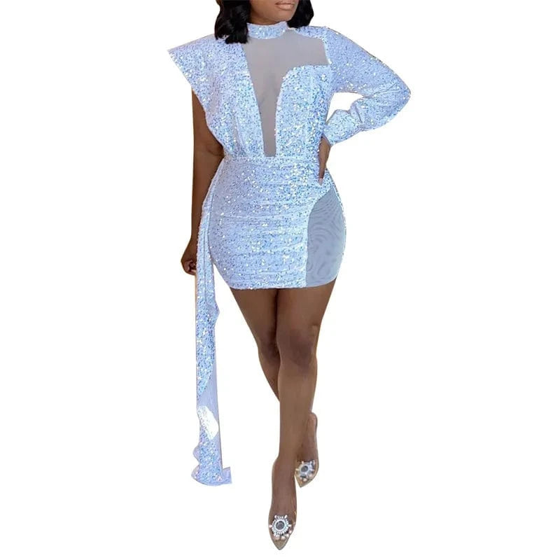party dress L / White Semi-high Neck Tight Buttock Women Gauze Bead Sequin Night Club Short Sexy Dress