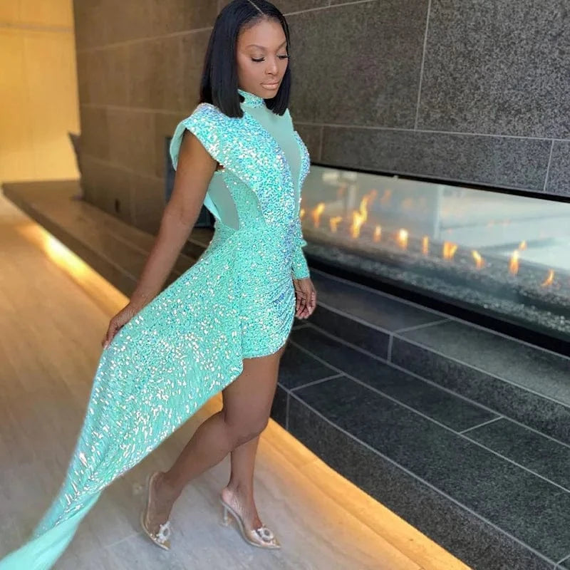 party dress Semi-high Neck Tight Buttock Women Gauze Bead Sequin Night Club Short Sexy Dress