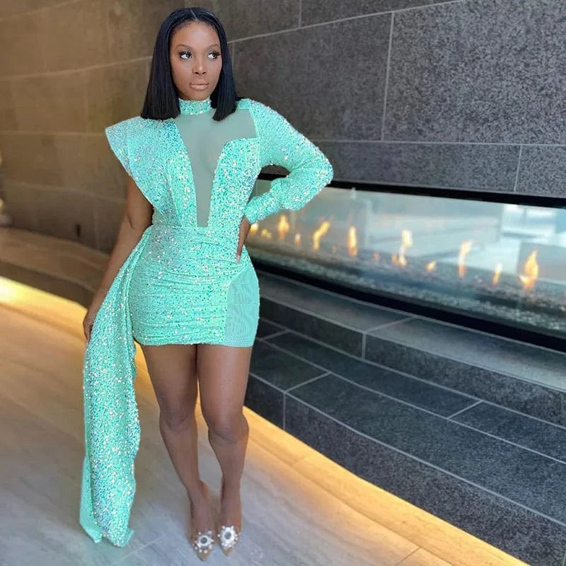 party dress Semi-high Neck Tight Buttock Women Gauze Bead Sequin Night Club Short Sexy Dress