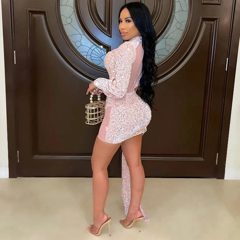 party dress Semi-high Neck Tight Buttock Women Gauze Bead Sequin Night Club Short Sexy Dress