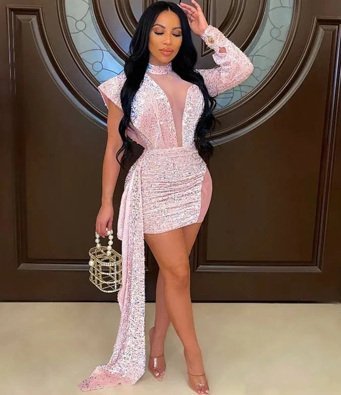 party dress Semi-high Neck Tight Buttock Women Gauze Bead Sequin Night Club Short Sexy Dress