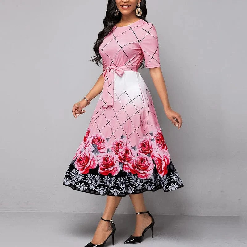 Party Dresses for Women 2023 Flower Print Lace Up Dresses Elegant Pink Round Neck Half Sleeve Long Evening Party Dress