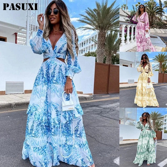 PASUXI Wholesale Lady Sexy Dresses Summer Fashion Print Plus Size Dress Girl Party Casual Dresses Women