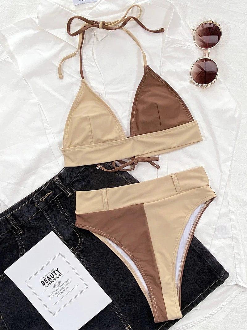 Patchwork High Waist Swimwear 2024 New Backless V Neck Halter Bikini Women Sexy Push Up Swimsuit Brazilian biquini