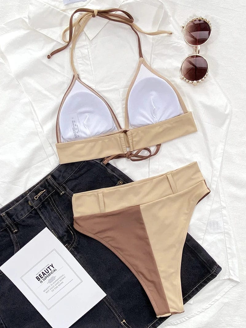 Patchwork High Waist Swimwear 2024 New Backless V Neck Halter Bikini Women Sexy Push Up Swimsuit Brazilian biquini