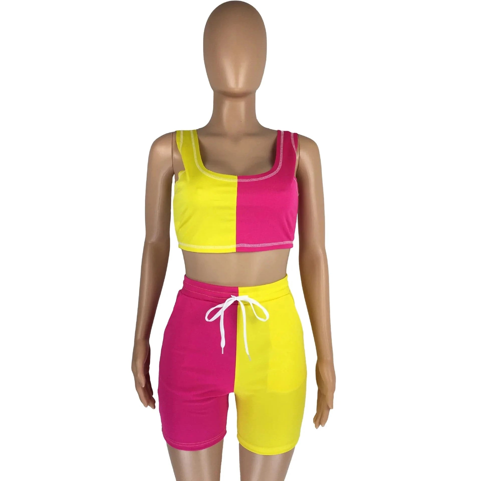 Patchwork Women Crop Top Biker Shorts Set 2 Two Piece Set Jogging Femme Casual Tracksuit Sportswear 2 Pcs Women Set