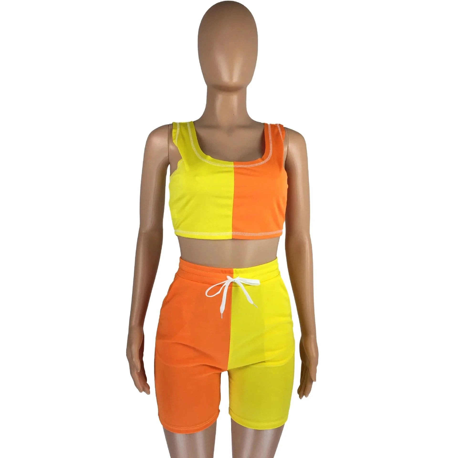 Patchwork Women Crop Top Biker Shorts Set 2 Two Piece Set Jogging Femme Casual Tracksuit Sportswear 2 Pcs Women Set