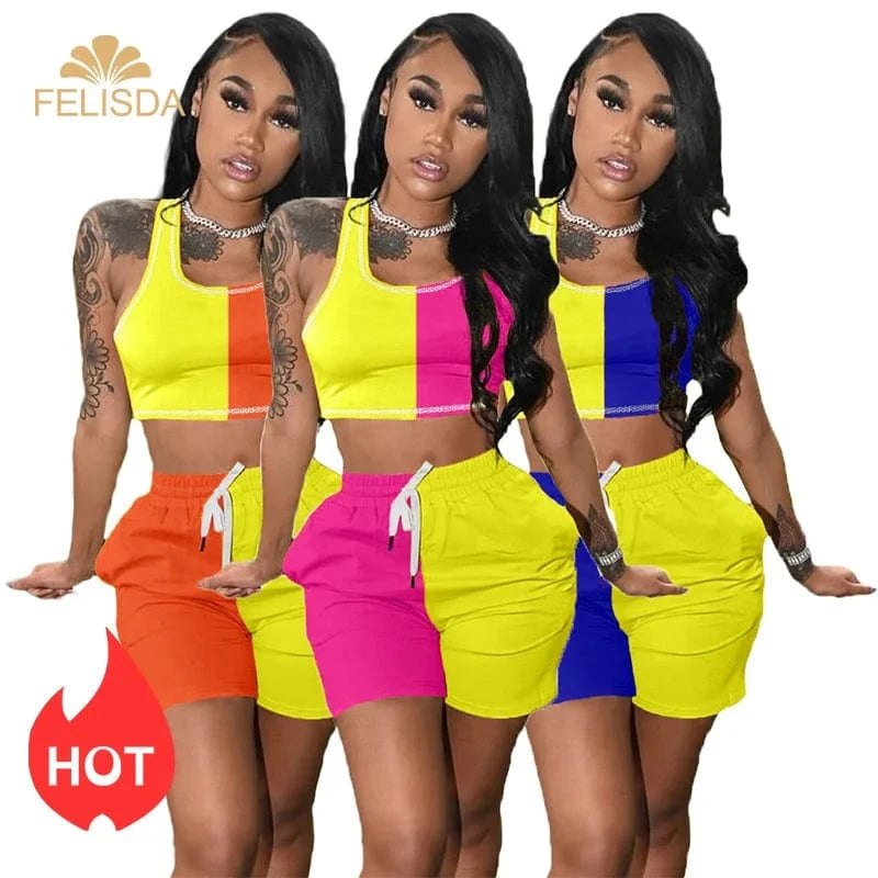Patchwork Women Crop Top Biker Shorts Set 2 Two Piece Set Jogging Femme Casual Tracksuit Sportswear 2 Pcs Women Set
