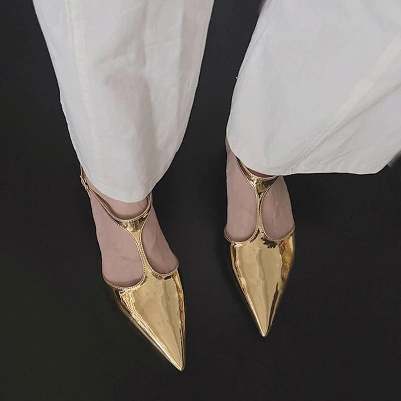 Patent Leather Fashion Women Strange Style Gold pointed T-Strap Hollow Sandals Low Heel Buckle Pumps NEW 2023 Summer Lady Shoes