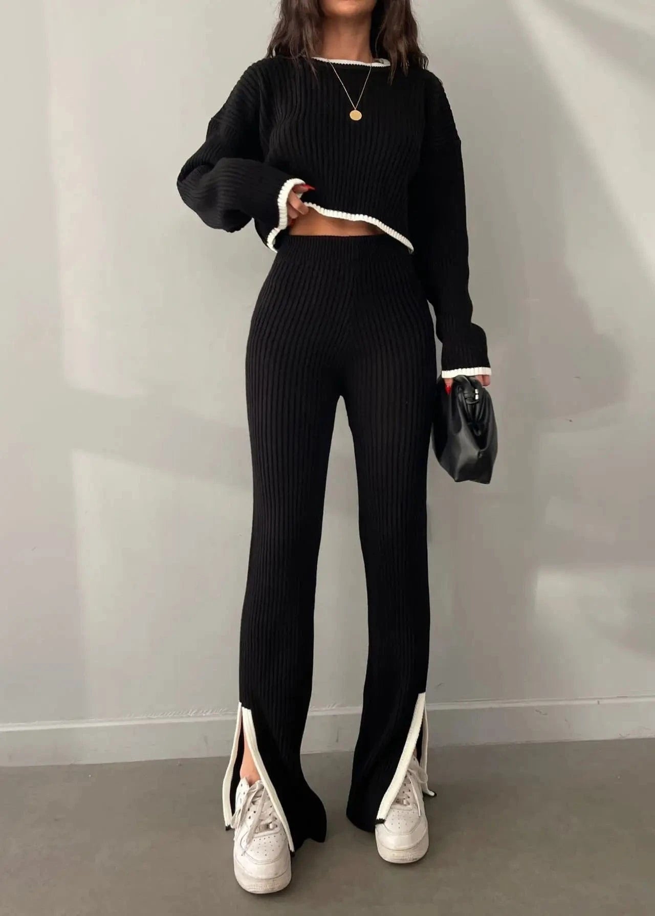 PDEP 2023 autumn and winter knitted sweater pant set crew neck cropped sweater contrast split knit two piece set women clothing