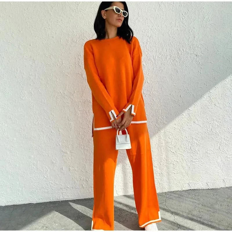 PDEP 2023 autumn and winter knitted sweater pant set crew neck cropped sweater contrast split knit two piece set women clothing