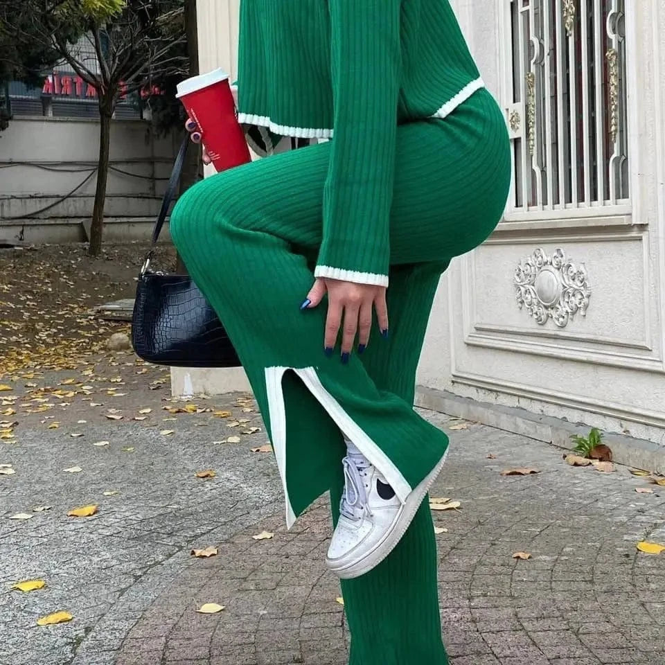 PDEP 2023 autumn and winter knitted sweater pant set crew neck cropped sweater contrast split knit two piece set women clothing