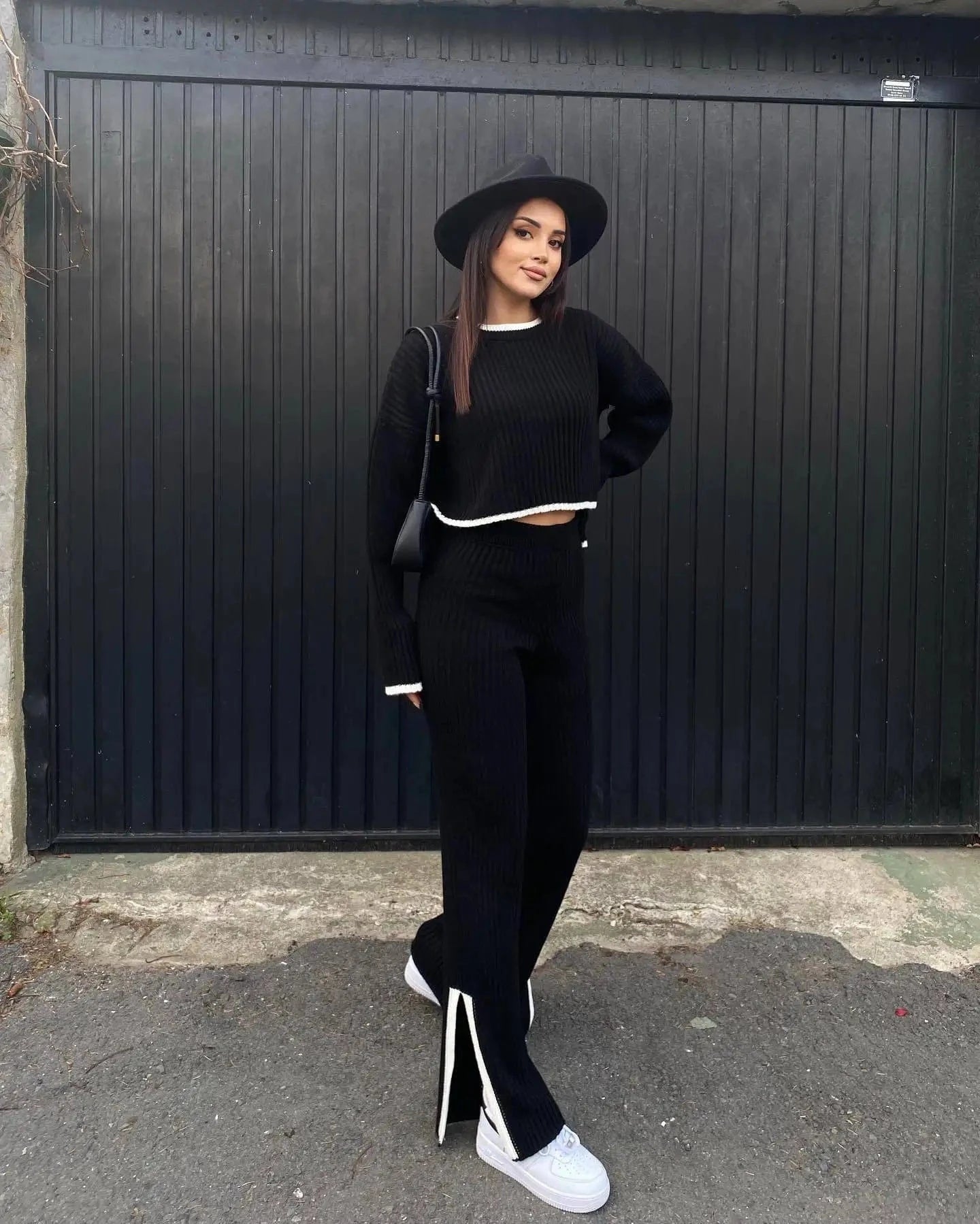 PDEP 2023 autumn and winter knitted sweater pant set crew neck cropped sweater contrast split knit two piece set women clothing