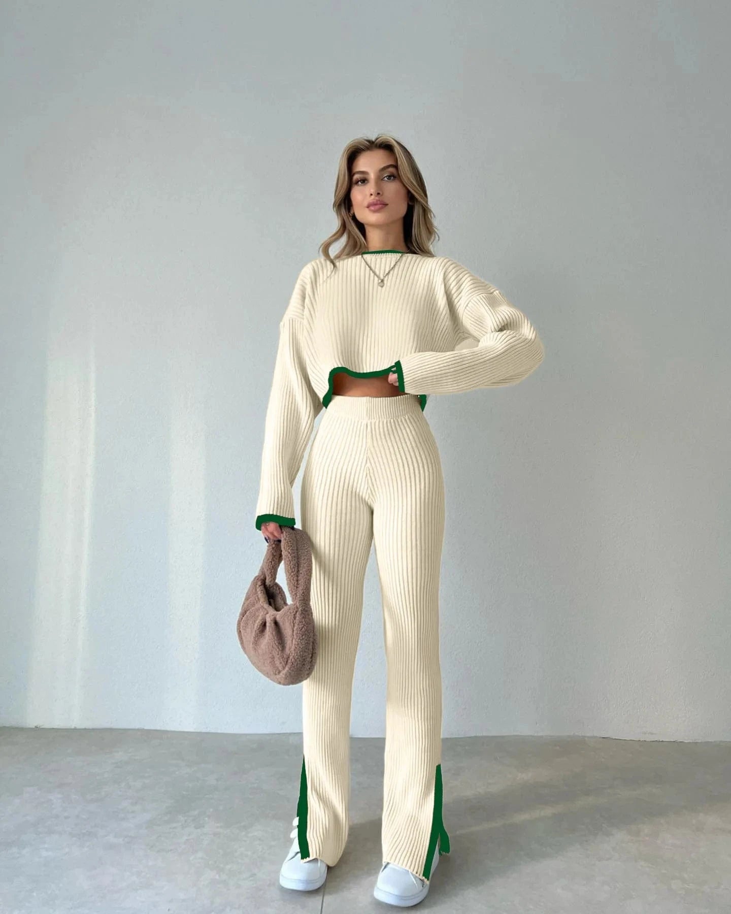 PDEP 2023 autumn and winter knitted sweater pant set crew neck cropped sweater contrast split knit two piece set women clothing