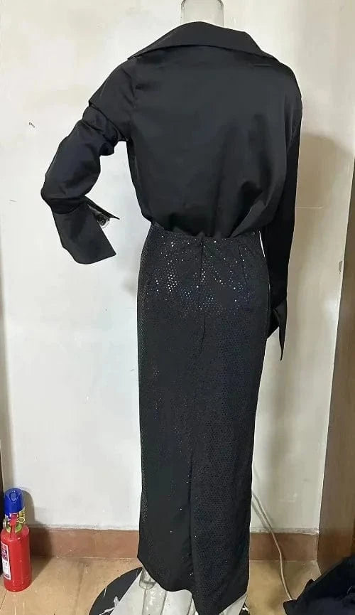 PDEP 2023 autumn new fashion black long sleeve heavy drill luxury beading sequin maxi party dress women lady elegant