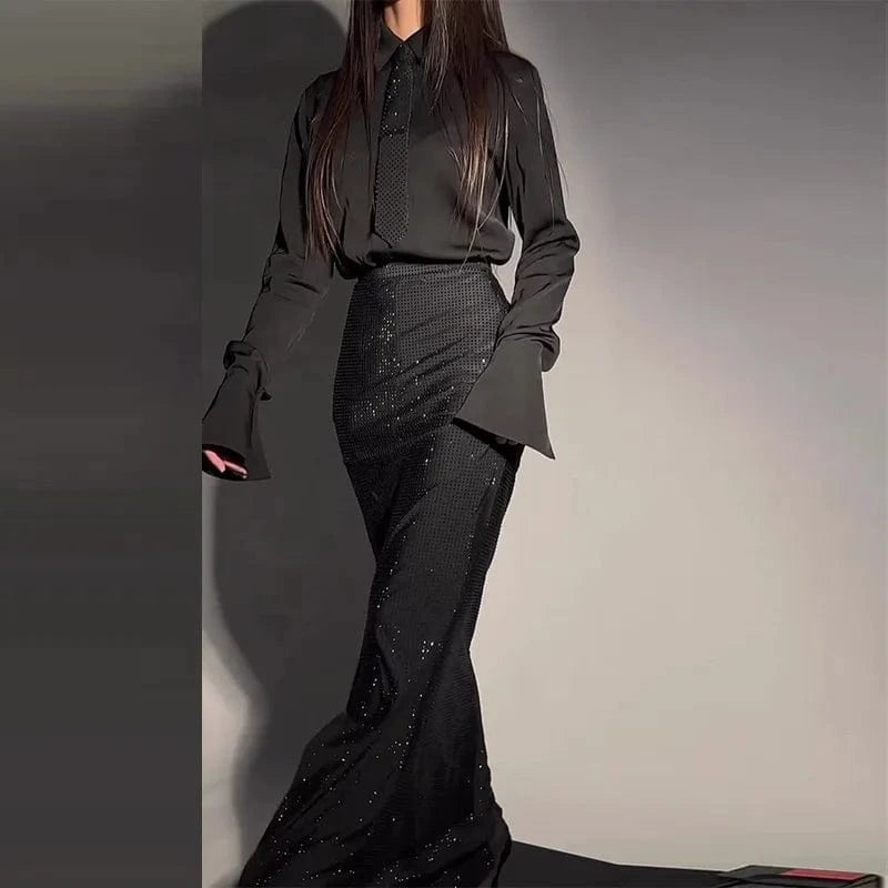 PDEP 2023 autumn new fashion black long sleeve heavy drill luxury beading sequin maxi party dress women lady elegant