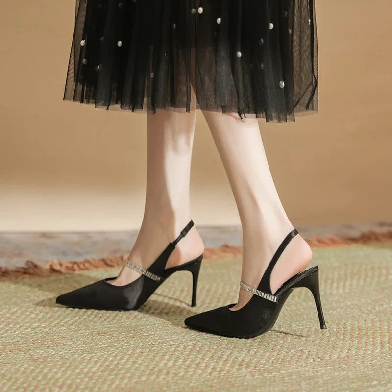 PDEP 2023 High heels sandals for ladies female black closed point toe sling back satin rhinestone stiletto heels shoes