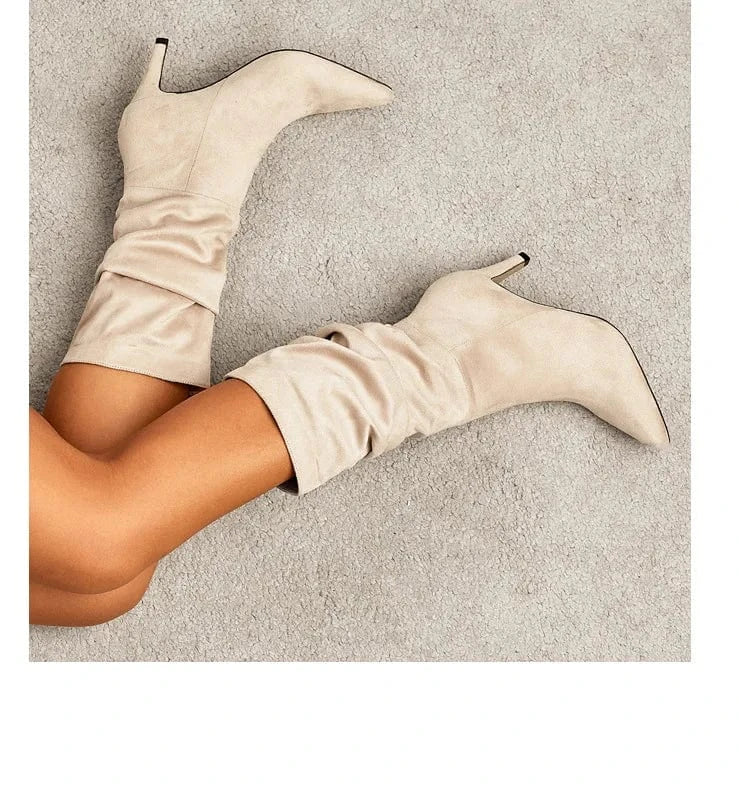 PDEP 2023 spring plus size catwalk wrinkled artificial suede stiletto heel boots shoes for women knee-high